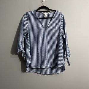 H&M LOGG Blue White Striped Cotton V-Neck Blouse Tie Wrist Sleeve Coastal Sz 12
